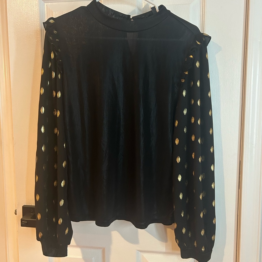 Lipslide Black Blouse with Gold Polka Dot Long Sleeves Women's Size Large